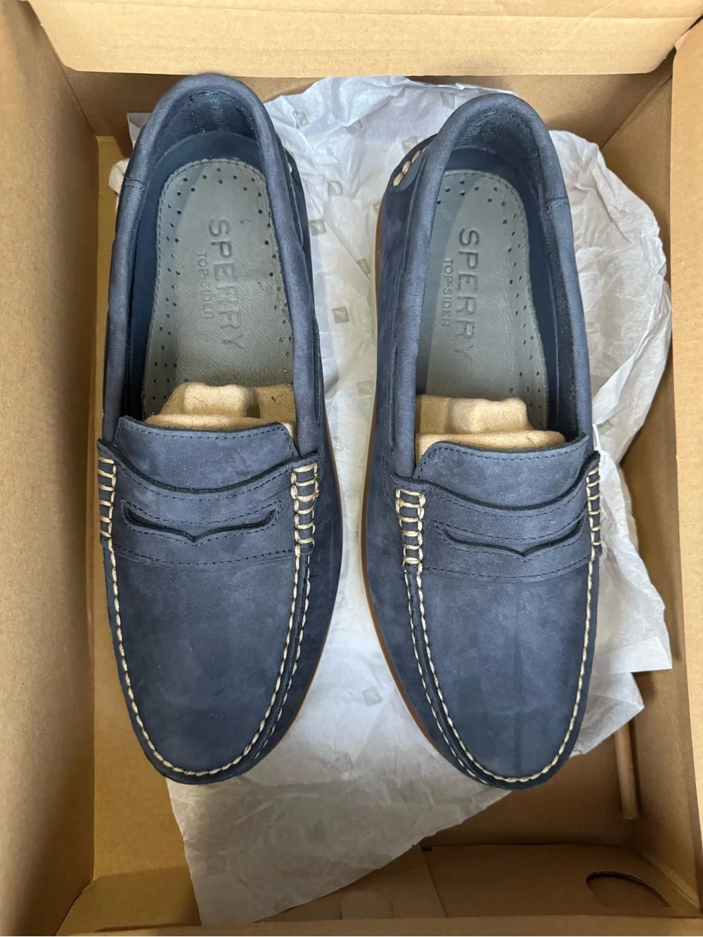 Sperry Navy Suede Penny Loafers with Contrast Stitching